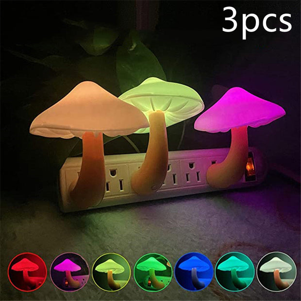 LED Night Light Mushroom Wall Socket Lamp EU US Plug Warm White Light-control Sensor Bedroom Light Home Decoration